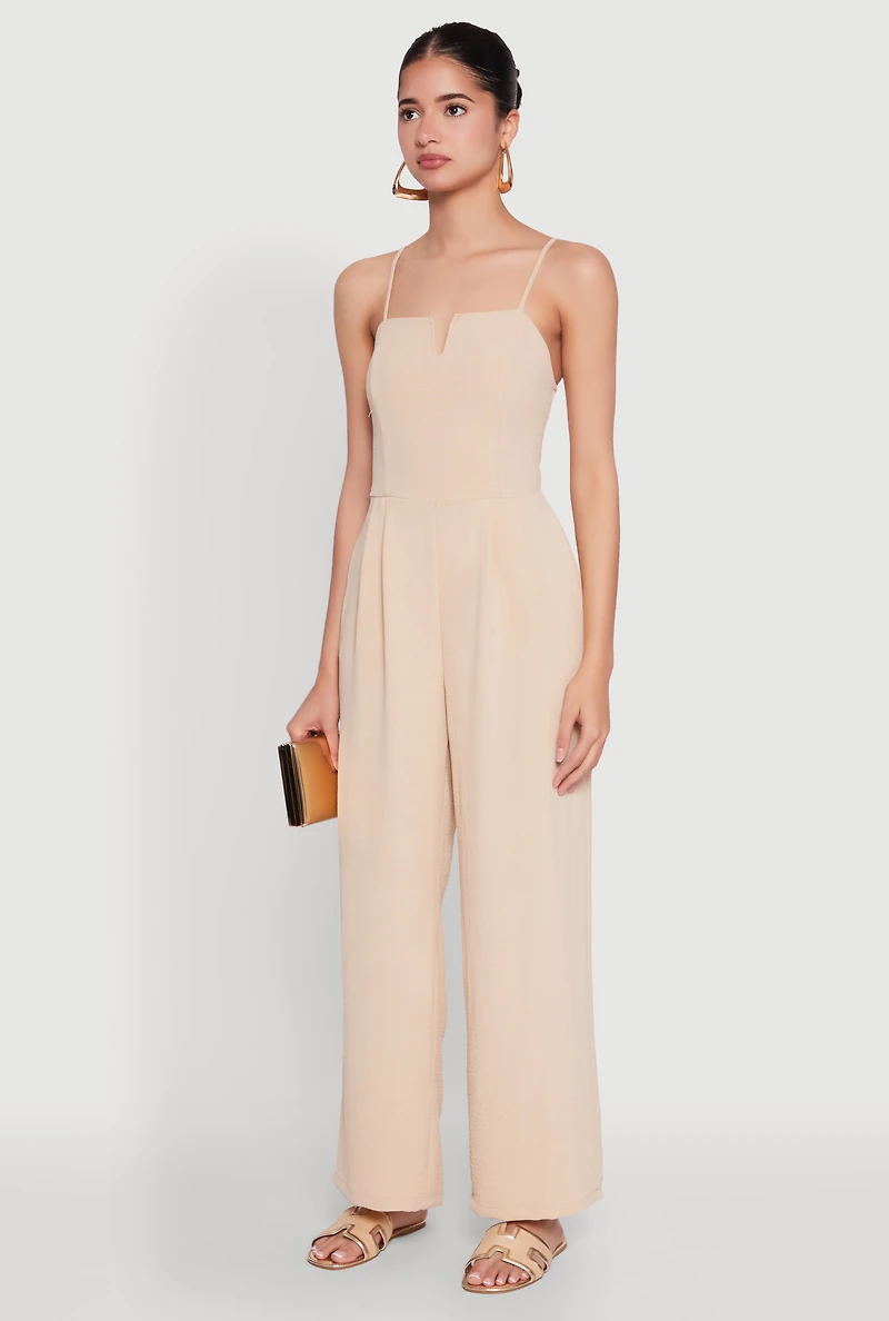 Womens Crepe Knit Pleated Jumpsuit, Beige, Size M