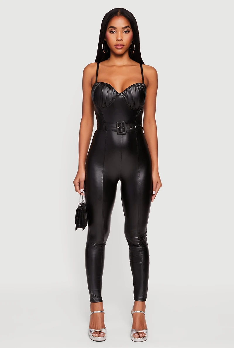 Faux Leather Belted Bustier Jumpsuit