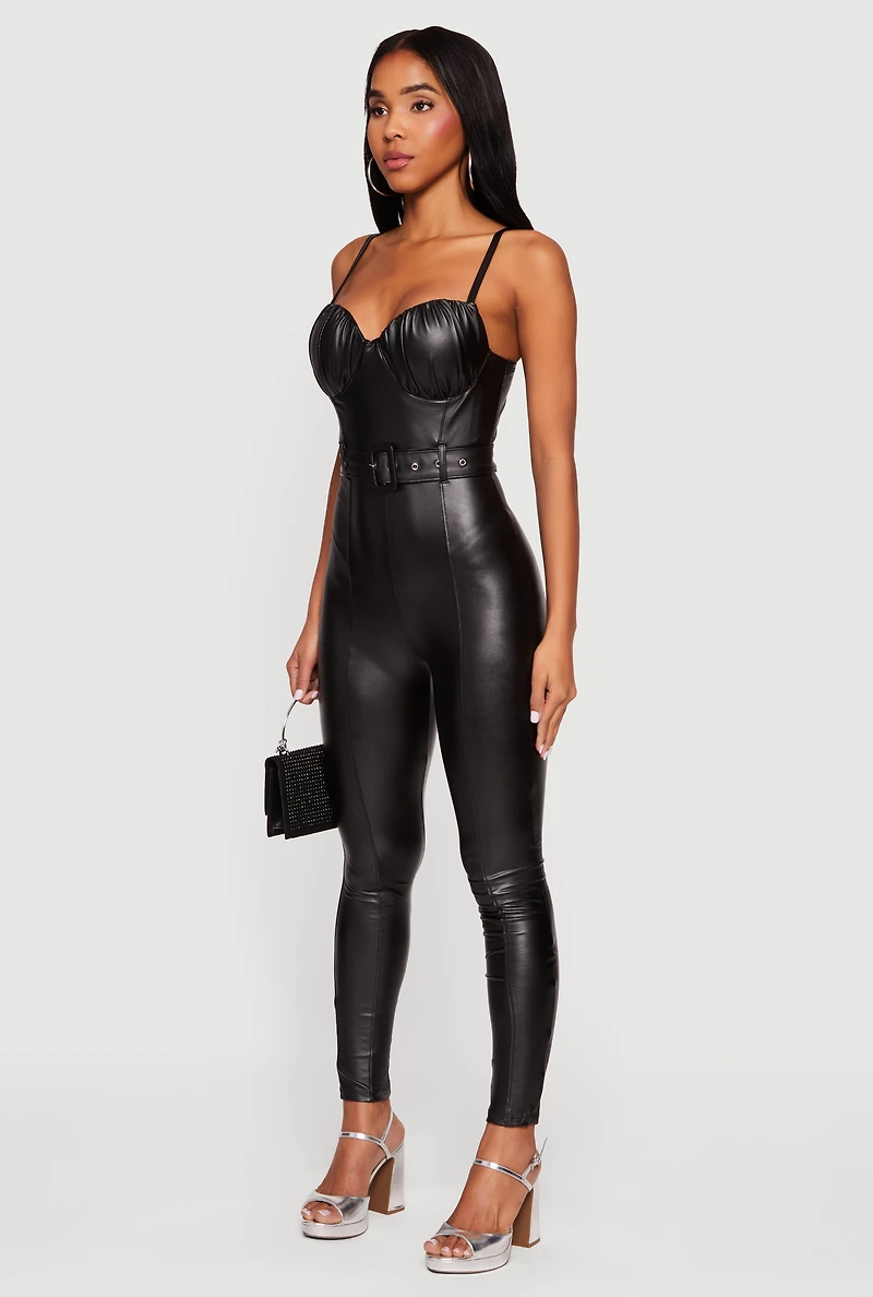 Faux Leather Belted Bustier Jumpsuit