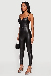 Faux Leather Belted Bustier Jumpsuit
