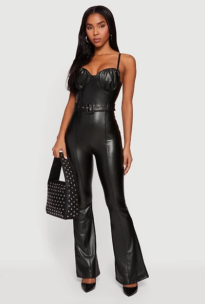 Faux Leather Ruched Sweetheart Neckline Belted Jumpsuit