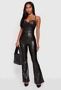 Faux Leather Ruched Sweetheart Neckline Belted Jumpsuit