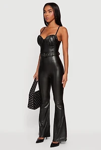 Faux Leather Ruched Sweetheart Neckline Belted Jumpsuit