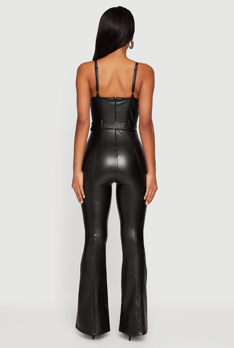 Faux Leather Ruched Sweetheart Neckline Belted Jumpsuit
