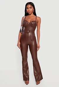 Faux Leather Ruched Sweetheart Neckline Belted Jumpsuit