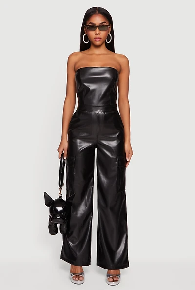 Faux Leather Strapless Wide Leg Cargo Jumpsuit