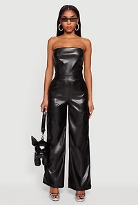 Faux Leather Strapless Wide Leg Cargo Jumpsuit