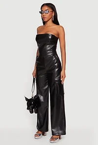 Faux Leather Strapless Wide Leg Cargo Jumpsuit