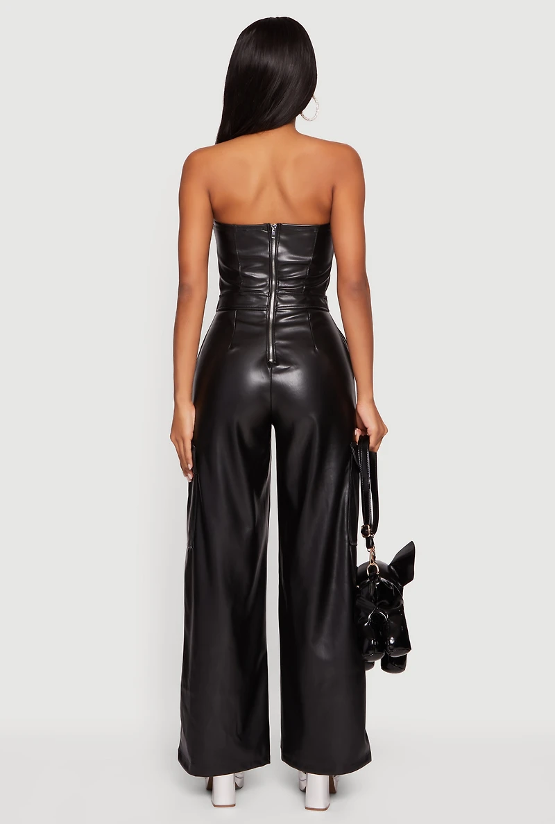 Faux Leather Strapless Wide Leg Cargo Jumpsuit