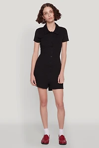 Womens Iris Textured Knit Short Sleeve Romper, Black, Size S