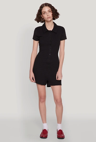Womens Iris Textured Knit Short Sleeve Romper, Black, Size L
