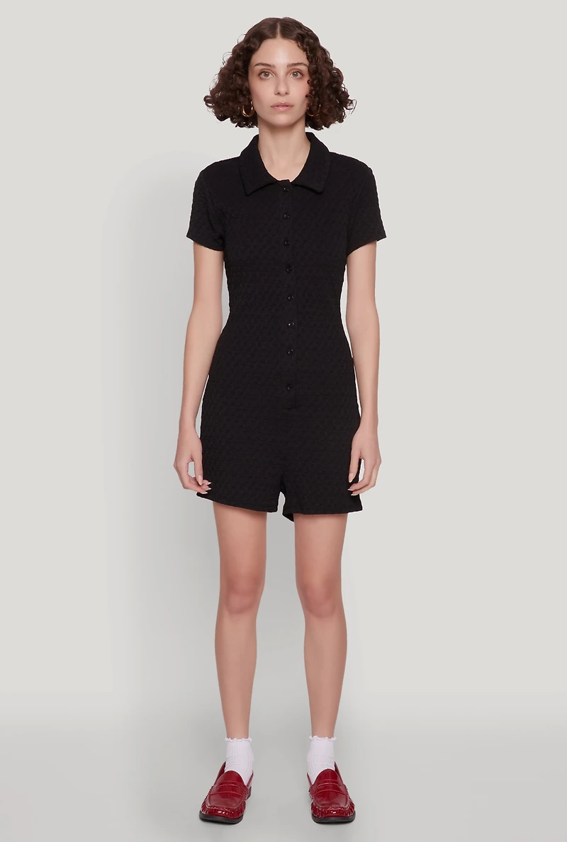 Womens Iris Textured Knit Short Sleeve Romper, Black, Size M