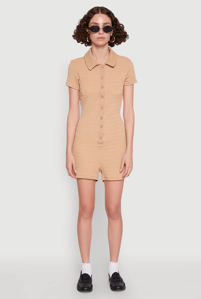 Womens Iris Textured Knit Short Sleeve Romper, Beige,