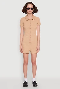 Womens Iris Textured Knit Short Sleeve Romper, Beige,