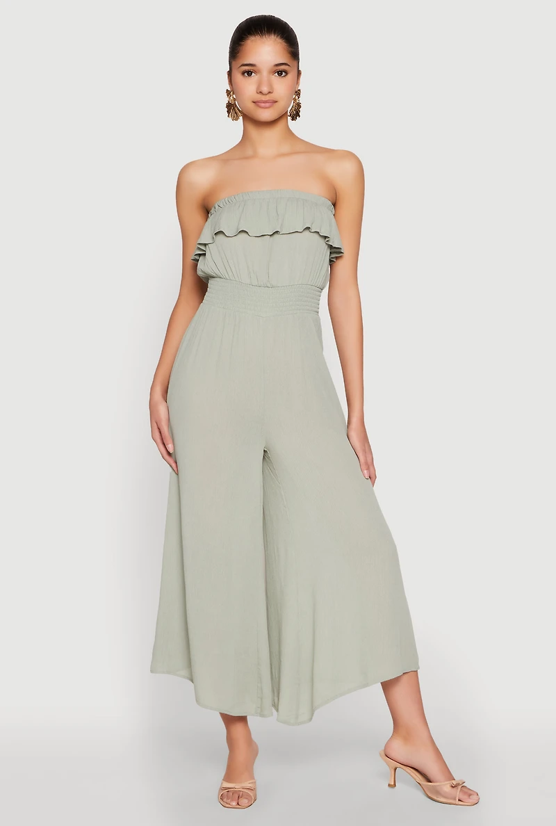 Womens Almost Famous Ruffle Overlay Smocked Waist Jumpsuit, M