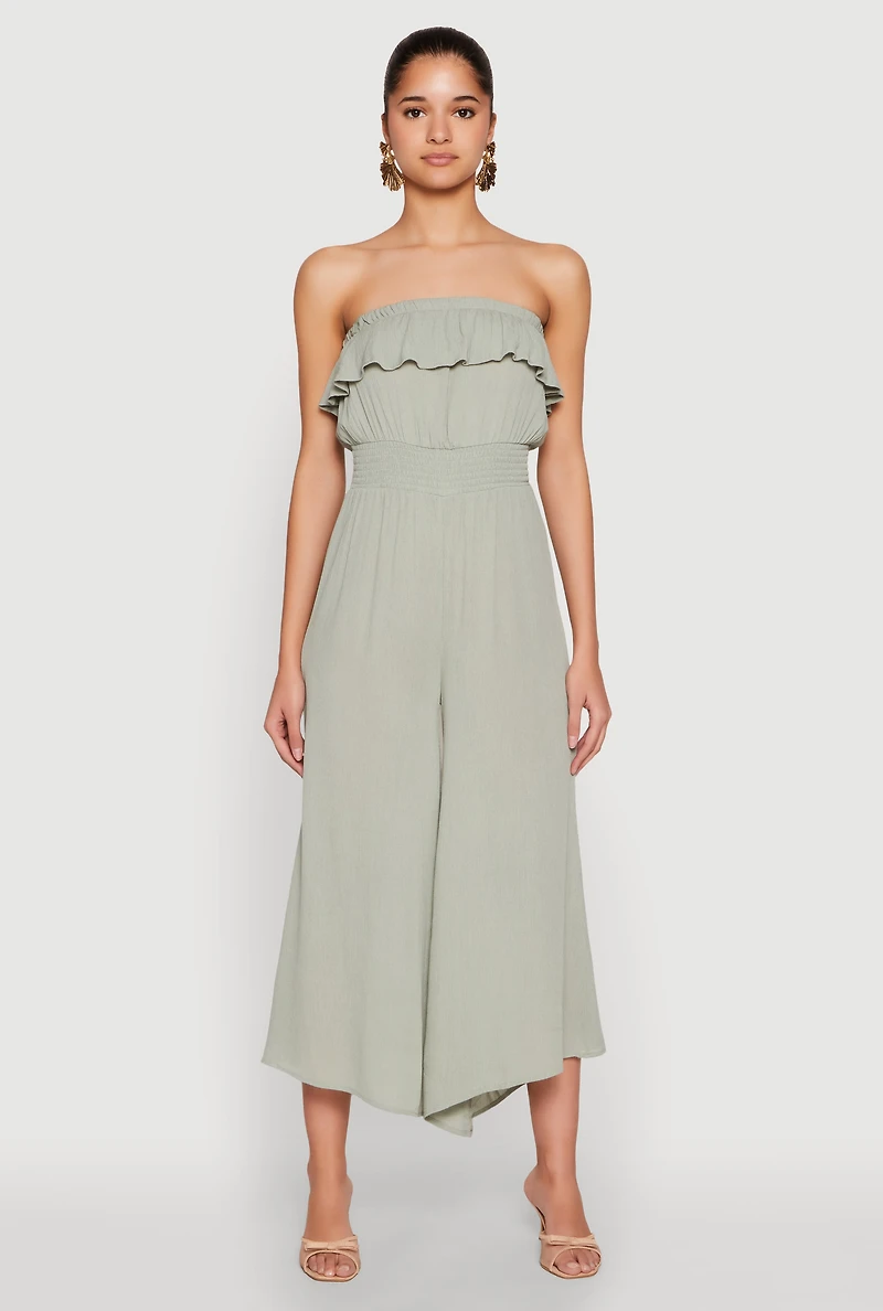 Womens Almost Famous Ruffle Overlay Smocked Waist Jumpsuit, Green, Size L