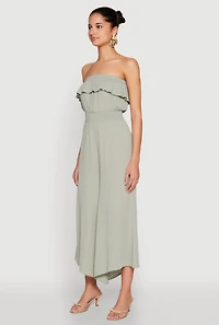 Womens Almost Famous Ruffle Overlay Smocked Waist Jumpsuit, Green, Size L