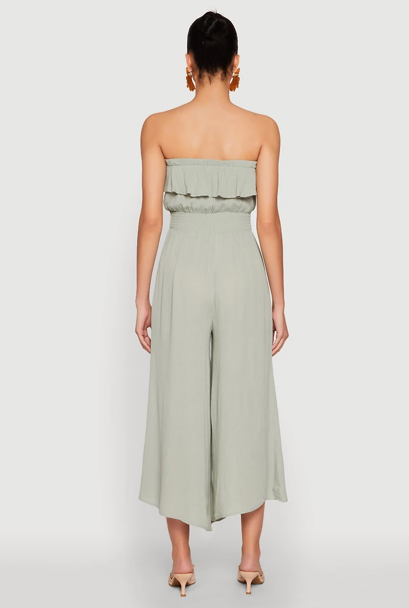 Womens Almost Famous Ruffle Overlay Smocked Waist Jumpsuit, Green, Size L