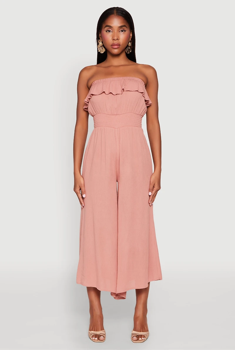 Almost Famous Ruffle Overlay Smocked Waist Jumpsuit
