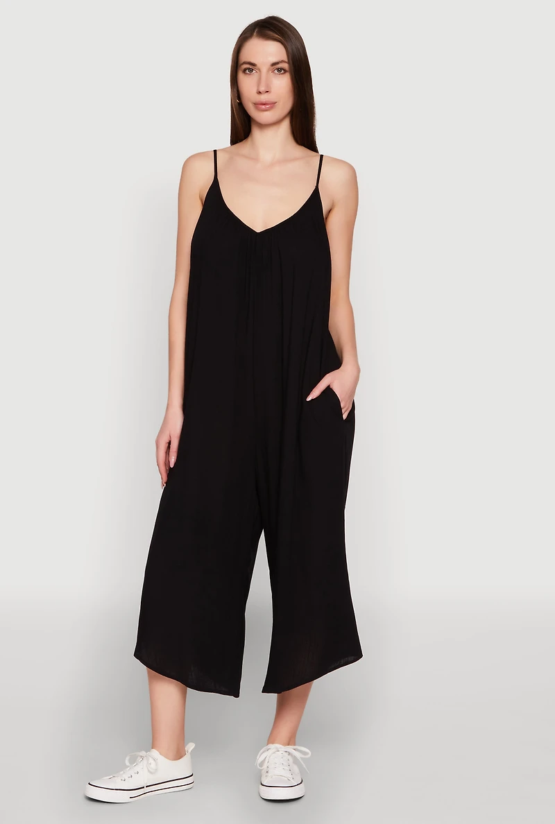 Womens Cropped Wide Leg Jumpsuit, M