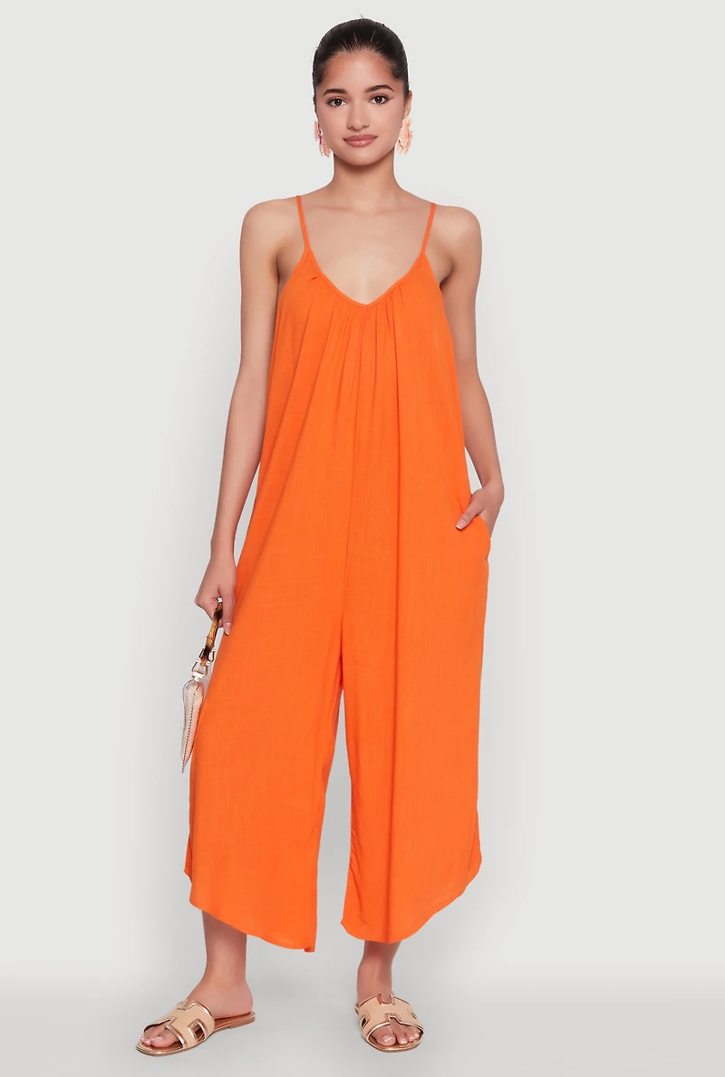 Womens Cropped Wide Leg Jumpsuit, Orange, Size M