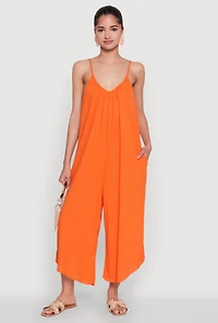 Womens Cropped Wide Leg Jumpsuit, Orange, Size M