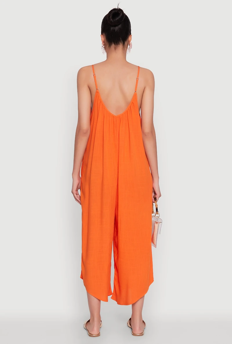 Womens Cropped Wide Leg Jumpsuit, Orange, Size M