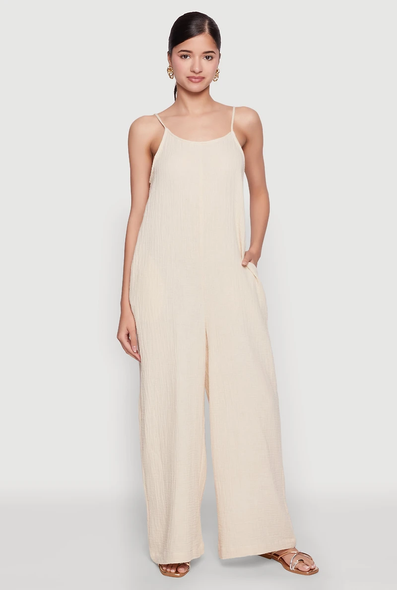 Womens Gauze Knit Wide Leg Jumpsuit, Beige, Size M