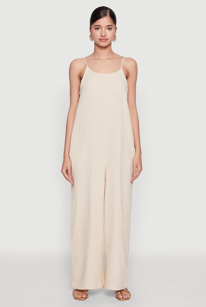 Womens Gauze Knit Wide Leg Jumpsuit, Beige, Size M