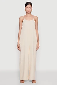 Womens Gauze Knit Wide Leg Jumpsuit, Beige, Size M