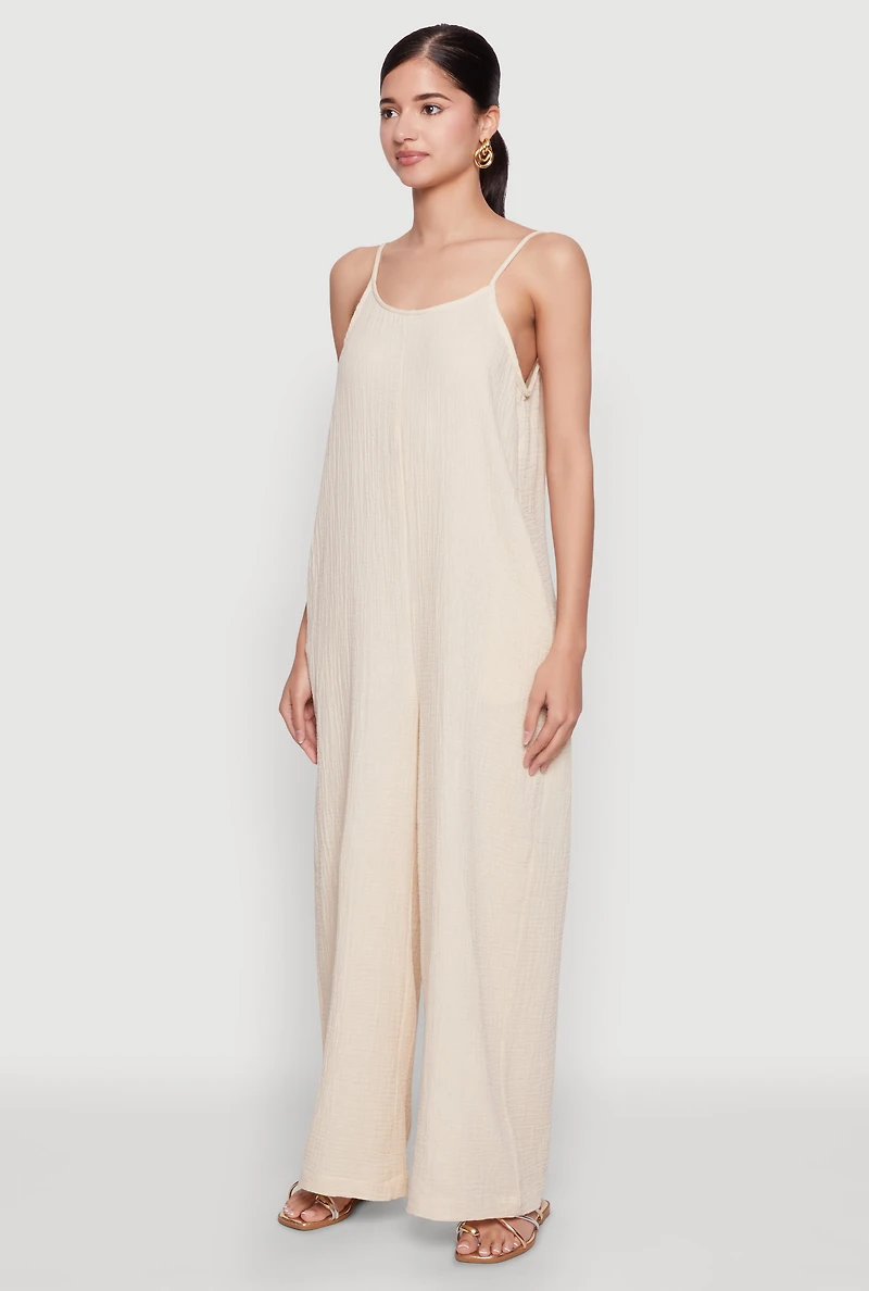 Womens Gauze Knit Wide Leg Jumpsuit, Beige, Size M