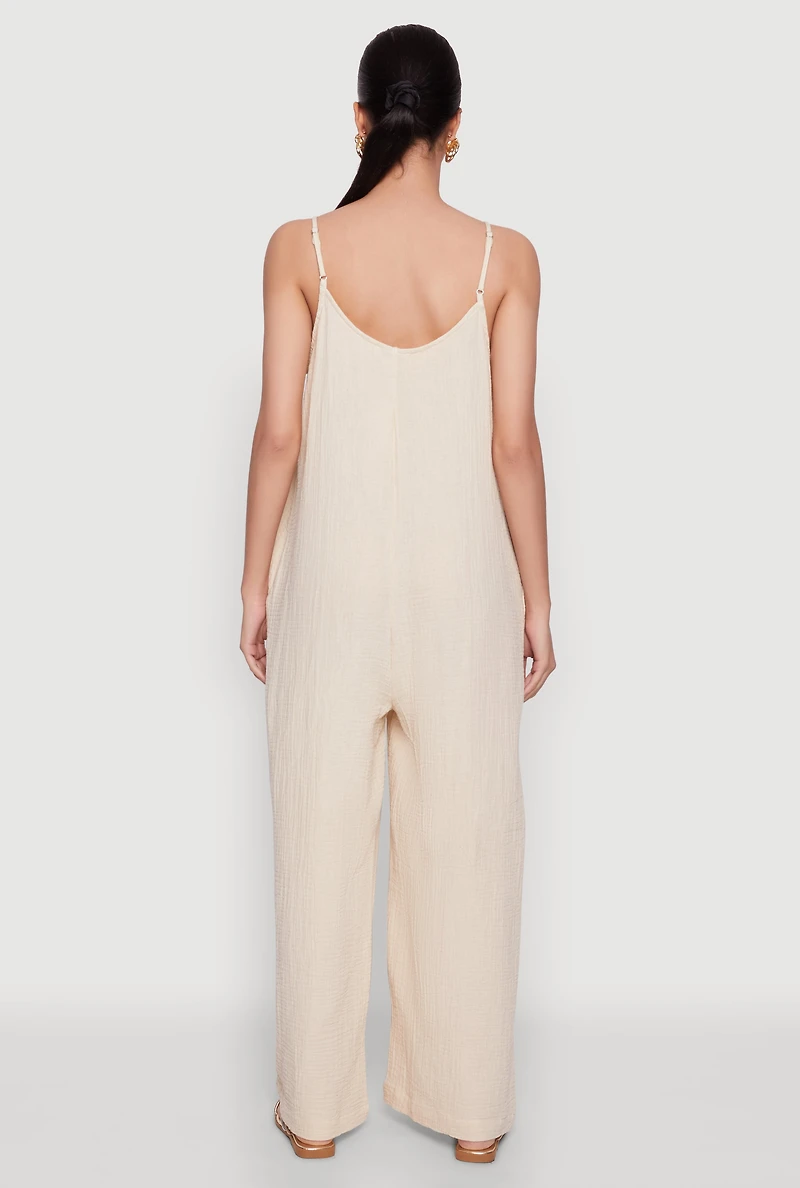 Womens Gauze Knit Wide Leg Jumpsuit, Beige, Size M