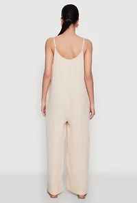 Womens Gauze Knit Wide Leg Jumpsuit, Beige, Size M