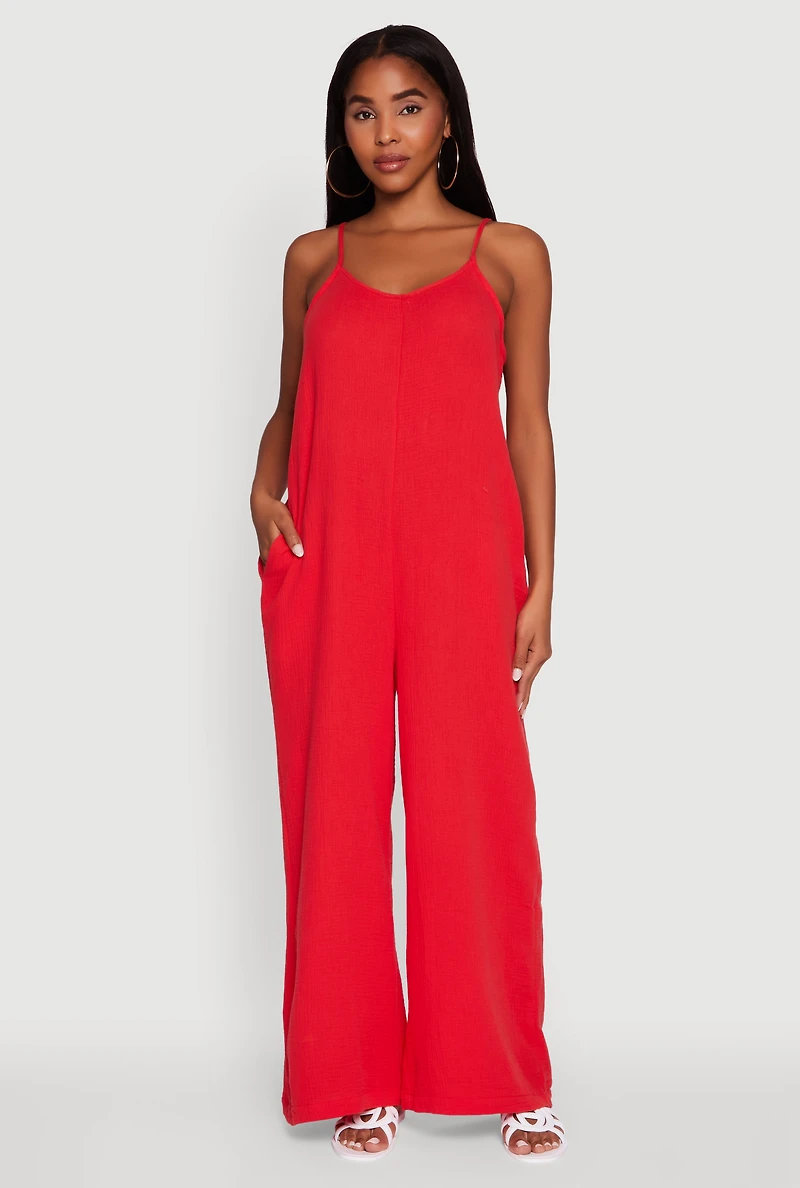 Womens Gauze Knit Wide Leg Jumpsuit, Red,