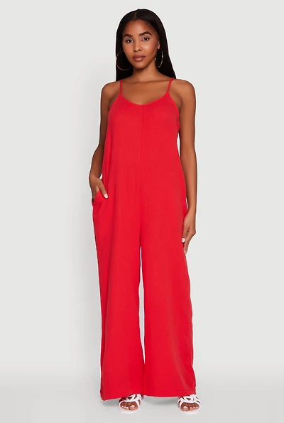 Womens Gauze Knit Wide Leg Jumpsuit, Red,