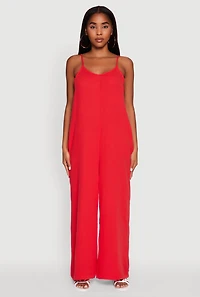 Womens Gauze Knit Wide Leg Jumpsuit, Red,