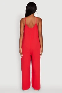 Womens Gauze Knit Wide Leg Jumpsuit, Red,