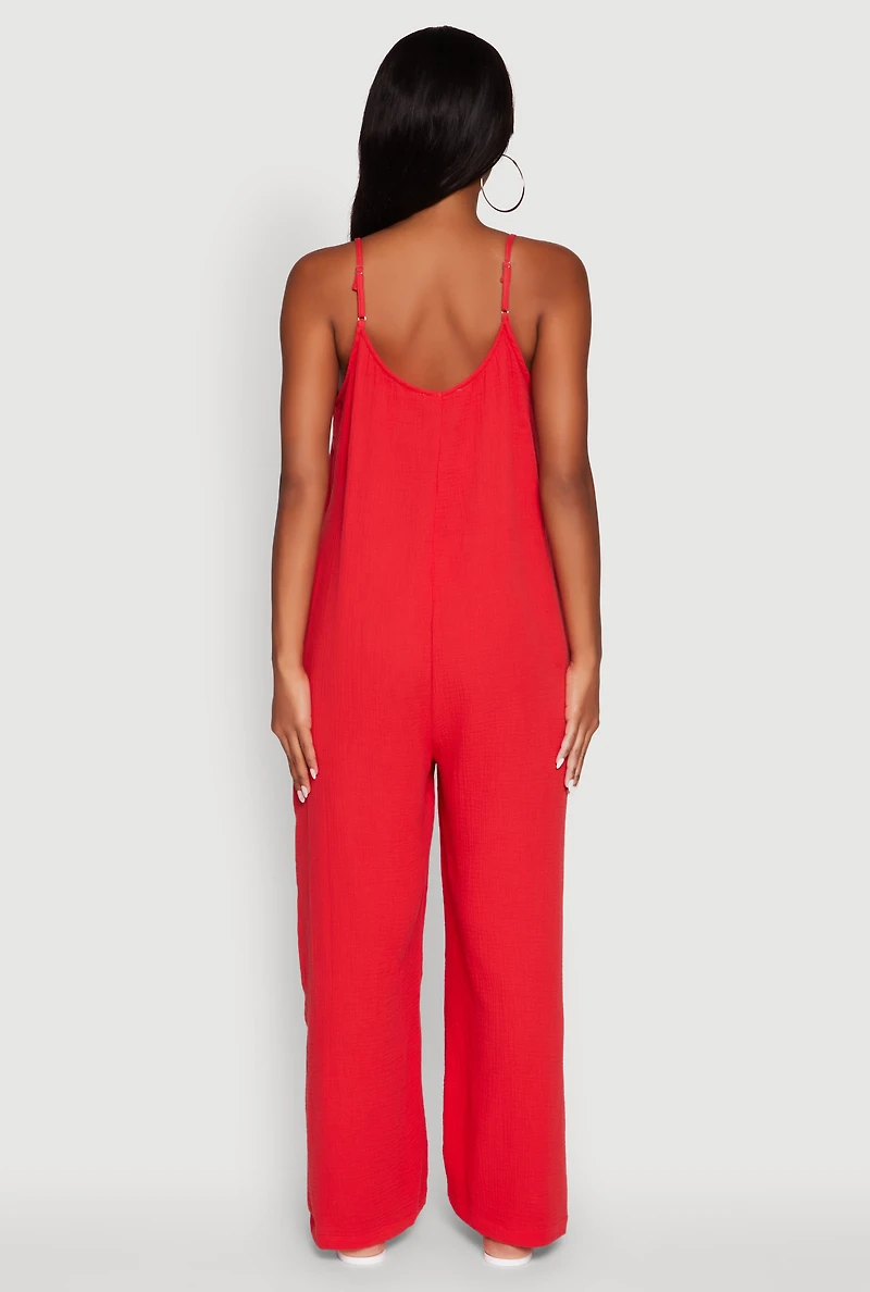 Womens Gauze Knit Wide Leg Jumpsuit, Red, Size S