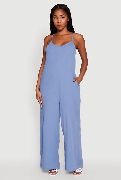 Womens Gauze Knit Wide Leg Jumpsuit, Blue, Size L