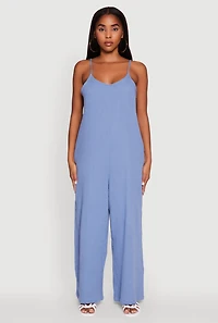 Womens Gauze Knit Wide Leg Jumpsuit, Blue, Size L