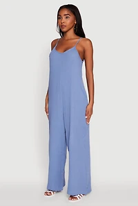 Womens Gauze Knit Wide Leg Jumpsuit, Blue, Size L