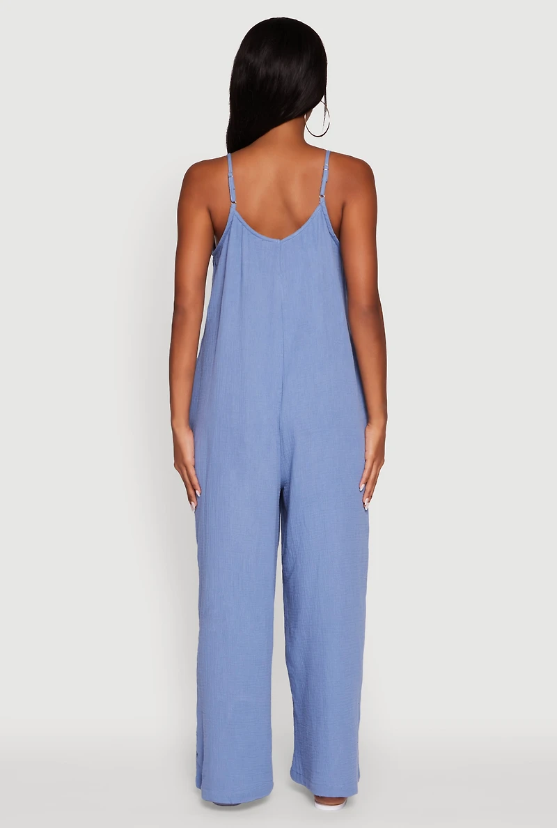 Womens Gauze Knit Wide Leg Jumpsuit, Blue, Size L