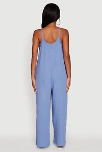Womens Gauze Knit Wide Leg Jumpsuit, Blue, Size L