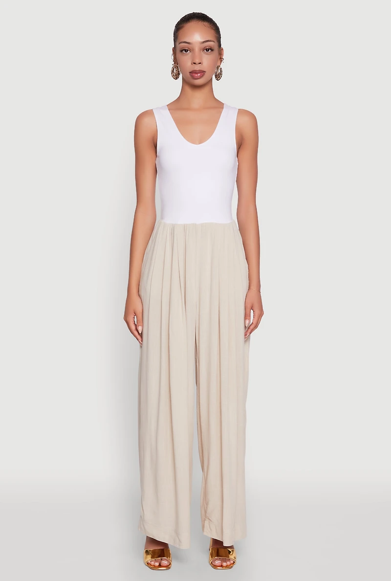 Womens Ponte Wide Leg Pleated Jumpsuit,