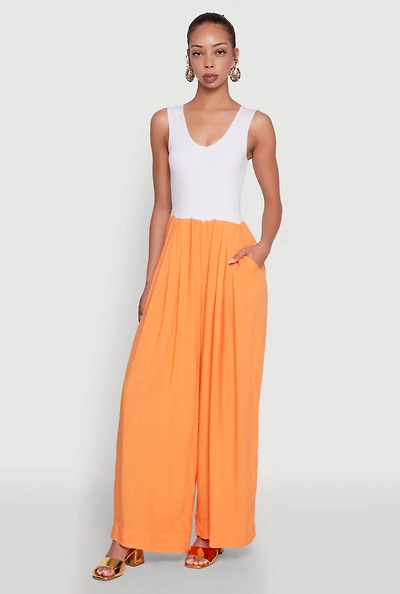 Womens Ponte Wide Leg Pleated Jumpsuit,