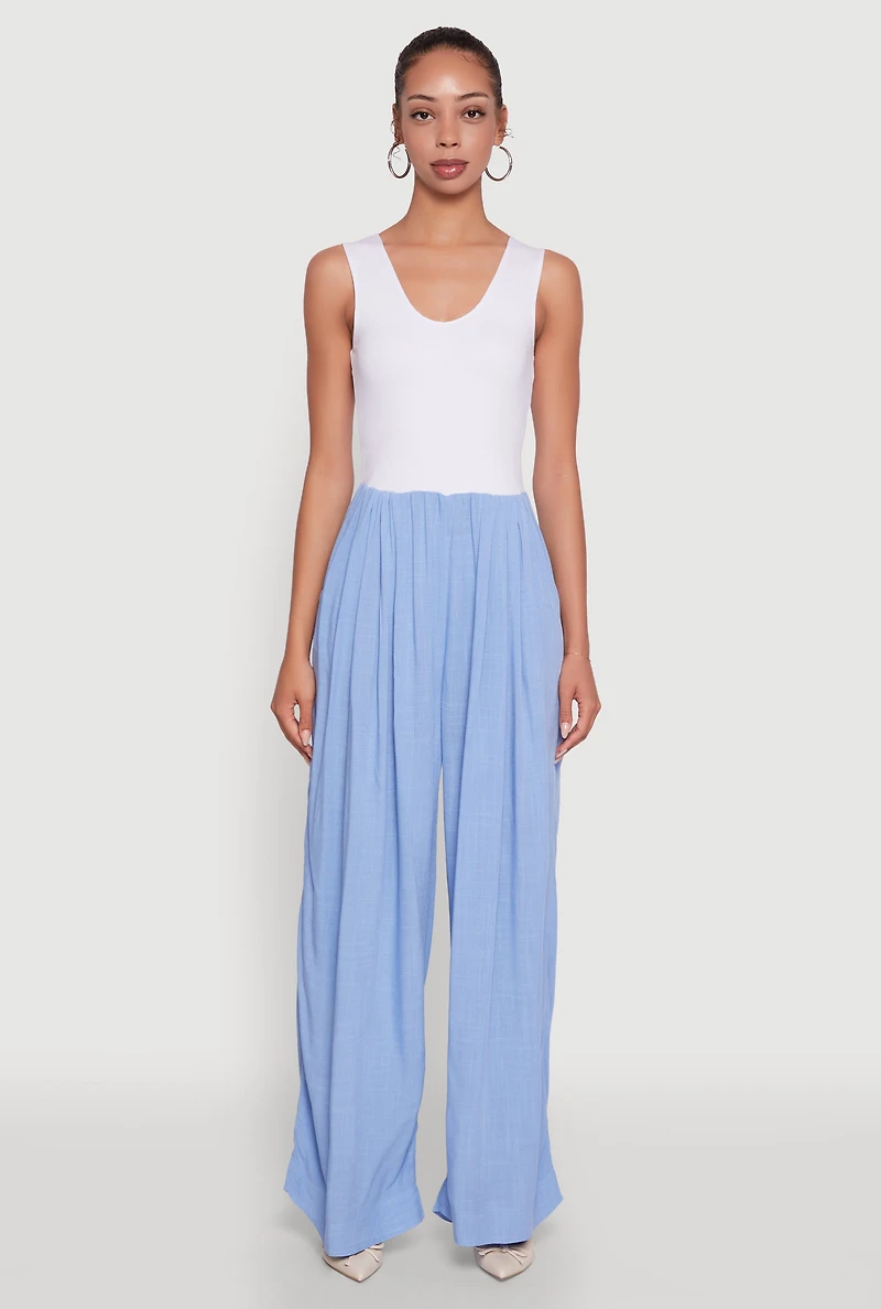 Womens Ponte Wide Leg Pleated Jumpsuit, S