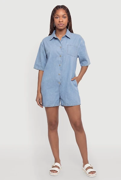Short Sleeve Pocket Denim Romper