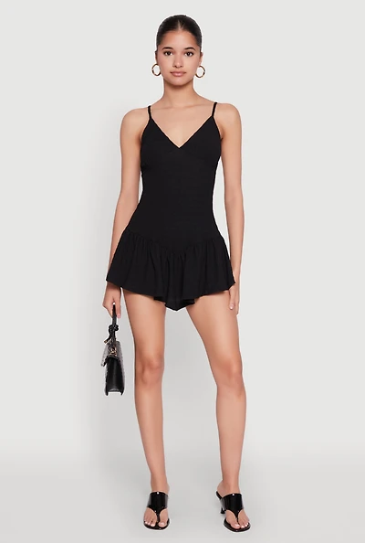 Womens V Neck Ruffle Cami Romper, Black, Size M