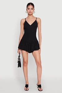 Womens V Neck Ruffle Cami Romper, Black, Size M