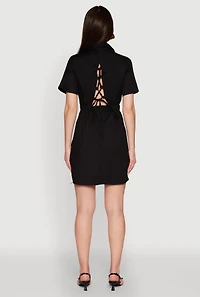 Womens Lace Up Back Button Front Cut Out Mini Dress, Black,